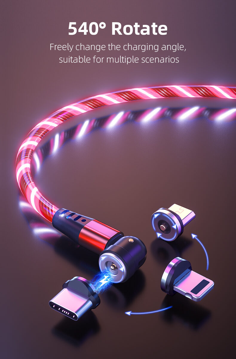 540 Rotate Luminous Magnetic Cable 3A Fast Charging Mobile Phone Charge Cable For LED Micro USB Type C For I Phone Cable