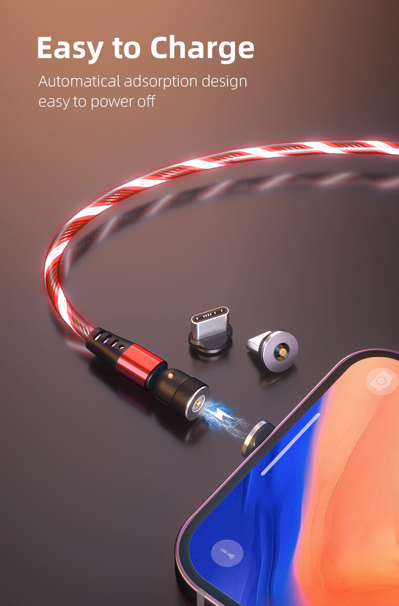 540 Rotate Luminous Magnetic Cable 3A Fast Charging Mobile Phone Charge Cable For LED Micro USB Type C For I Phone Cable