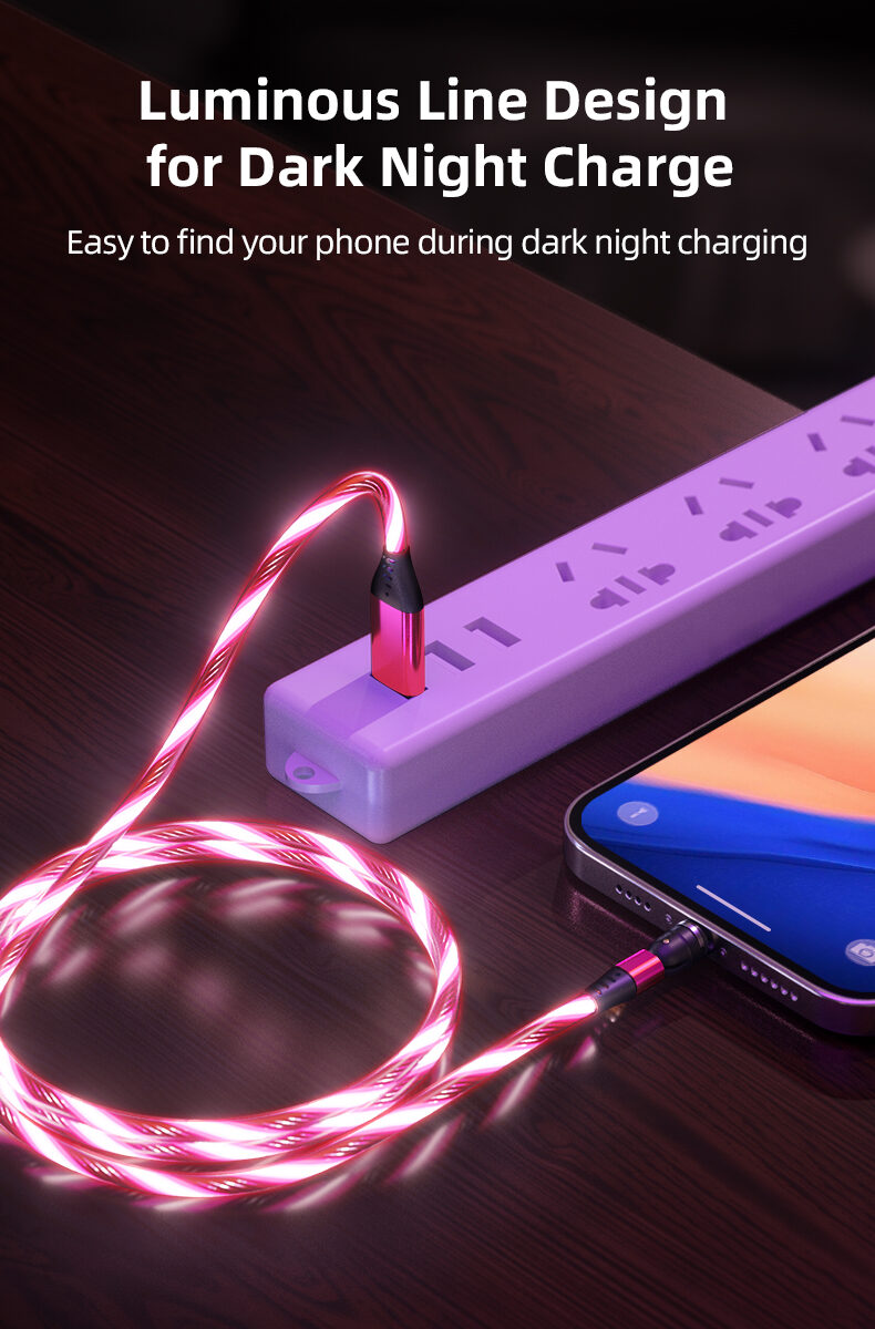540 Rotate Luminous Magnetic Cable 3A Fast Charging Mobile Phone Charge Cable For LED Micro USB Type C For I Phone Cable