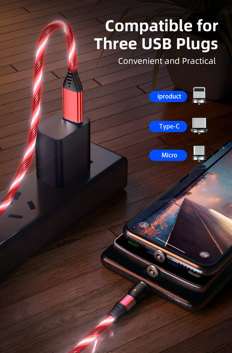 540 Rotate Luminous Magnetic Cable 3A Fast Charging Mobile Phone Charge Cable For LED Micro USB Type C For I Phone Cable