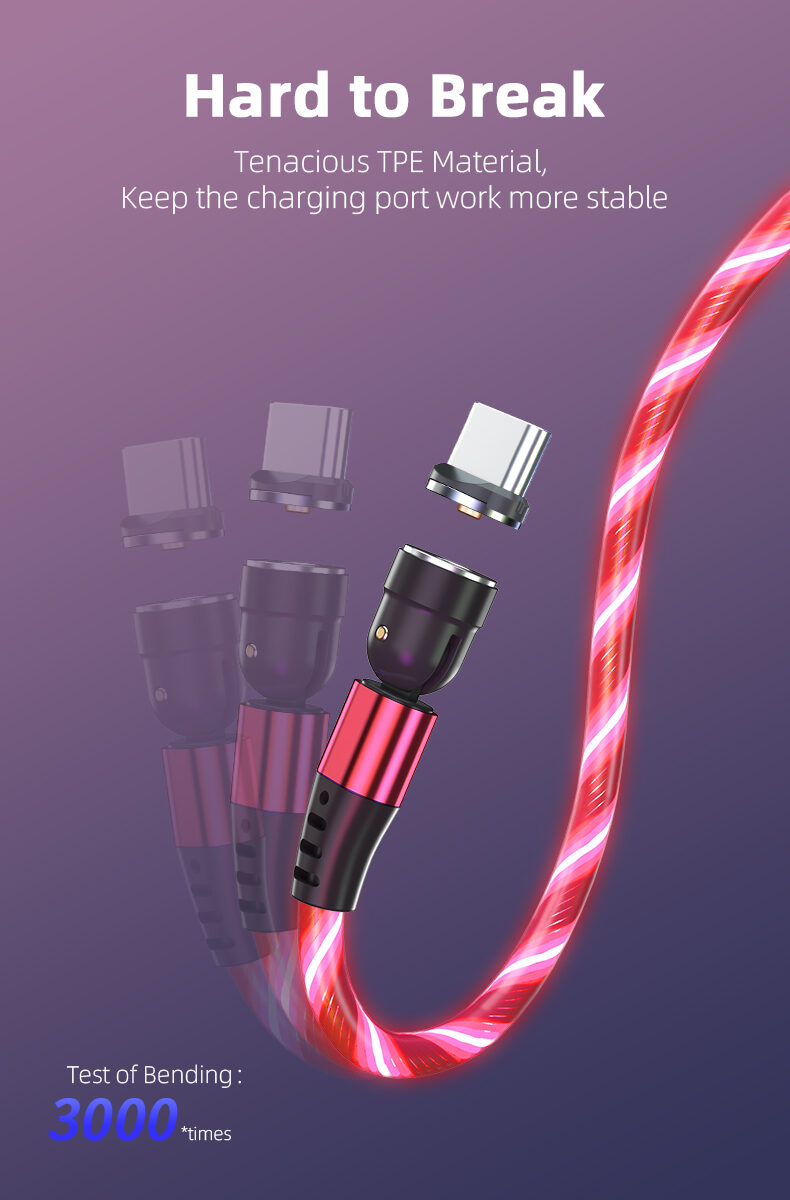 540 Rotate Luminous Magnetic Cable 3A Fast Charging Mobile Phone Charge Cable For LED Micro USB Type C For I Phone Cable