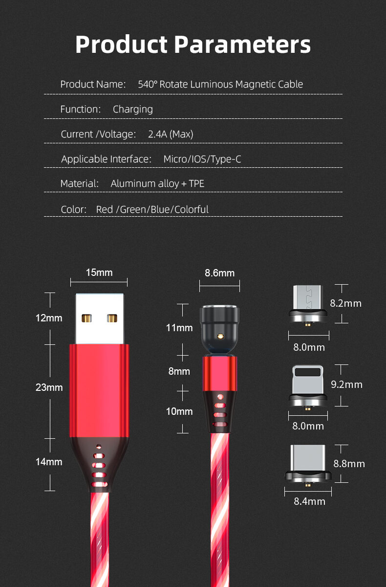 540 Rotate Luminous Magnetic Cable 3A Fast Charging Mobile Phone Charge Cable For LED Micro USB Type C For I Phone Cable