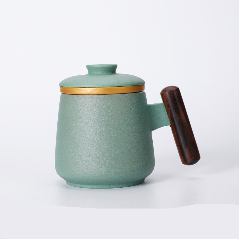 Ceramic Mug, Wooden Handle, Filter Tea Cup with Lid, Large Capacity Office Cup