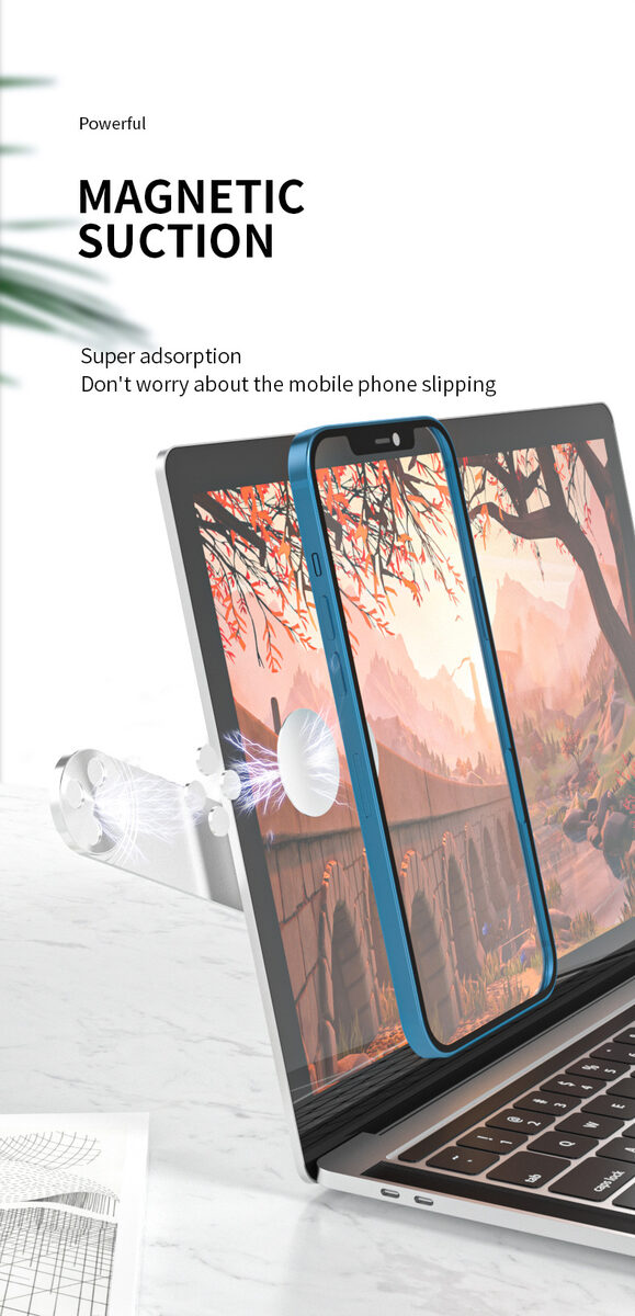 Laptop Phone Holder, Adjustable Laptop Side Mount Clip, Magnetic Laptop Monitor Mount, Computer Laptop Cellphone Stand Foldable Aluminum Expansion Bracket Tablet Clip For Dual Screen