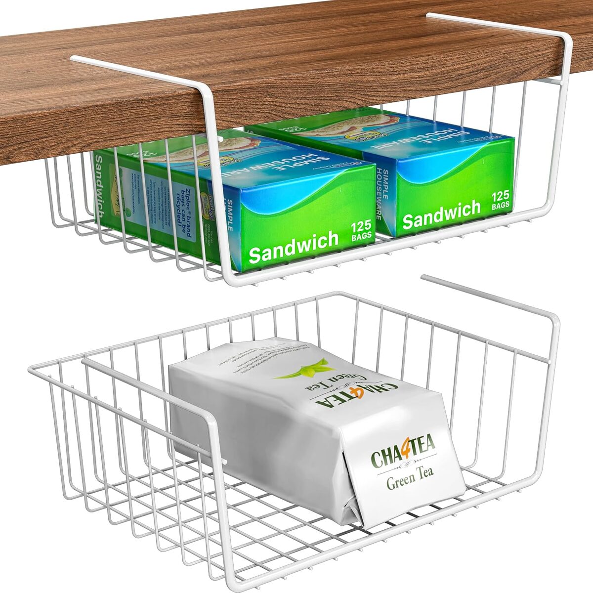 Under Shelf Hanging Metal Storage Baskets 2 Units, White Wire Organizer For Kitchen Cabinets, Pantry, Closet And Home